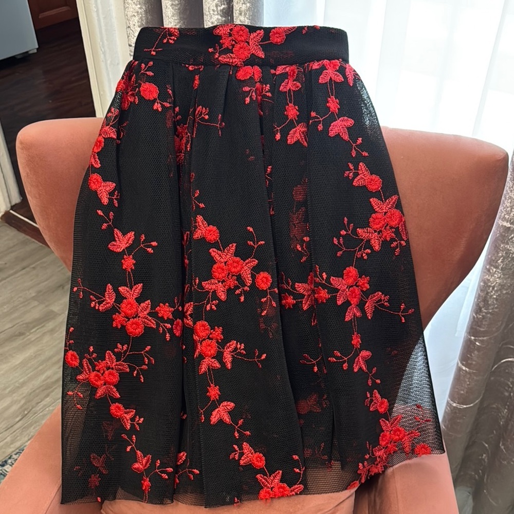 Maje Red and Black Tulle Embellished A-Line Skirt